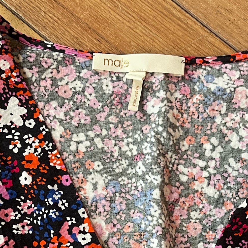 Maje Avianah Floral Asymmetrical Midi Dress Size 38 Black Pink Handkerchief - Picture 7 of 15